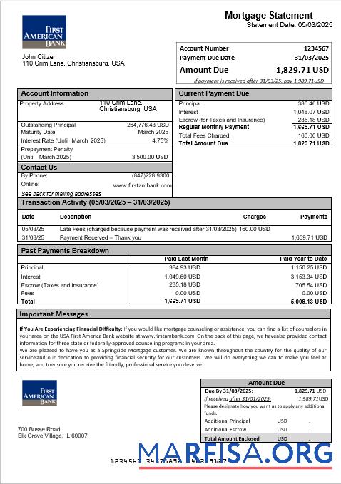 Printable USA First America Bank mortgage statement in Word and PDF formats example